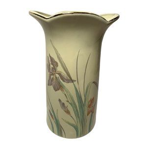 Vintage Yellow Vase Irises Lavender Pink Gold Trim Porcelain Japan